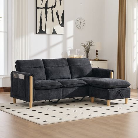 Divano 3 posti 201x77x86 cm nero con pouf contenitore, ciniglia, MEUBLIV (1/5)
