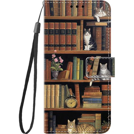 Coque pour Samsung Galaxy A17 5G Antichoc PU Cuir à Rabat Housse Étui avec Mignonne Motif Dessin Design, Portefeuille Etui Flip Folio Case Cover pour Galaxy A17, Chat Bibliothèque (1/5)