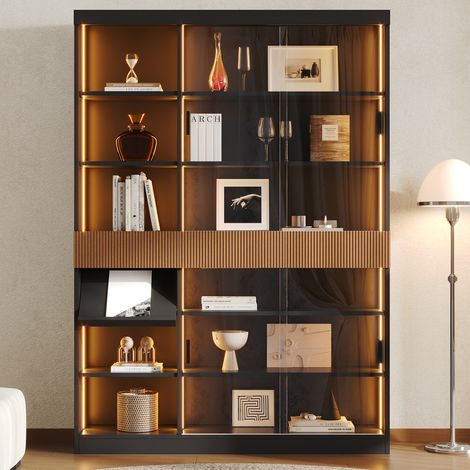 Vitrine LED 120x28 - 5x180 cm - armoire vitrée en verre trempé avec portes coulissantes - 3 tiroirs et étagère rabattable - MDF - noir (1/5)