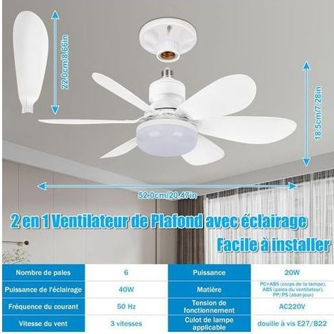 Ventilateur de plafond LED 40W dimmable avec télécommande 6 pales 3 vitesses Douille E27 Design minimaliste pour chambre (1/4)