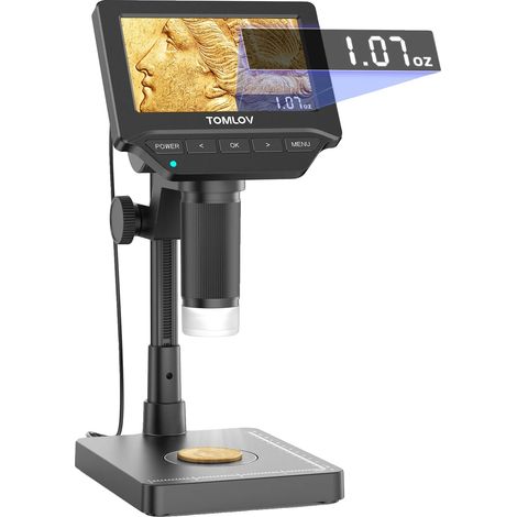 Microscopio digitale, ingrandimento 200X, schermo da 4,3 pollici, scala integrata, misurazioni in grammi/once/carati, certificato CE e RoHS. (1/5)