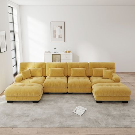 Divano modulare U 4 posti giallo in chenille con ottomani mobili (1/5)