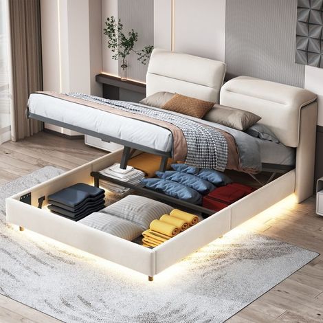 Bettkasten 140x200 cm - TANANT - Klappbares Kopfteil - Integrierte LED - Samtstoff - Beige