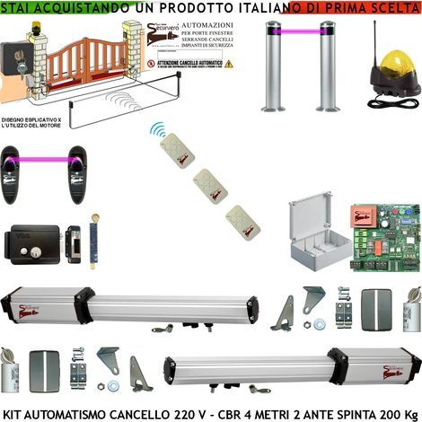 Automazione Cancello 4 Metri 2 Ante da 2 MT Kit Motori Elettromeccanici 230 V Corsa 300 mm Spinta 2 Q.li Sblocco Gruppo Staffe 6 Radiocomandi 2 Coppie Fotocellule Selettore 2 Ck Faro Cartello Monitore (1/5)