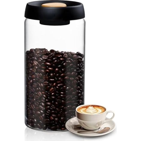 1800ML Bocal à café transparent hermétique, bocal en verre borosilicate clair avec valve CO2 unidirectionnelle, récipient de stockage pour grains de café, large ouverture pour thé, noix, céréales.
