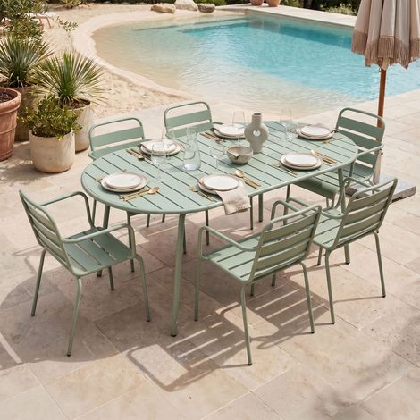 Ensemble table de jardin ovale + 6 fauteuils en métal vert - BACA (1/5)