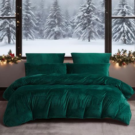 Winter Bettwäsche 200x200 Dunkelgrün Warm Kuschelig Plüsch mit Reißverschluss