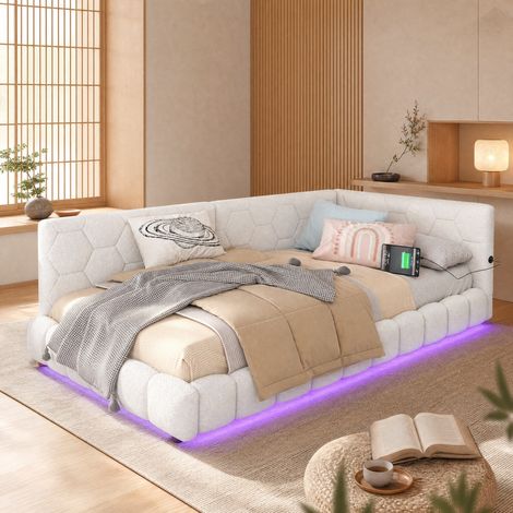 Cama diván 90 x 200 cm con iluminación LED 16 colores, USB y USB-C, blanco HAVRYA (1/5)