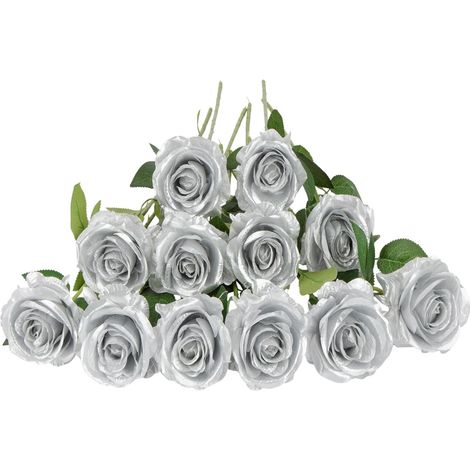 Lot de 12 roses artificielles argentées, fleurs en soie à longues tiges, pour la décoration de la maison, des mariages, de la salle de bain et de la cuisine (argenté)-AquaForge (1/5)