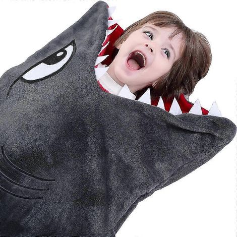 Couverture douce pour enfants à motif queue de requin, modèle monobloc, sans couture, grande taille, grise avec nageoires. (1/5)