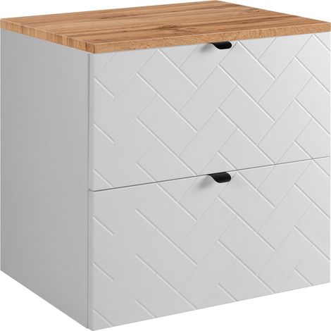 Furnidea - Meuble sous vasque MADIS BLANC 60 cm avec le plan CHÊNE - 4 tiroirs, façades motif chevron, design moderne (1/5)