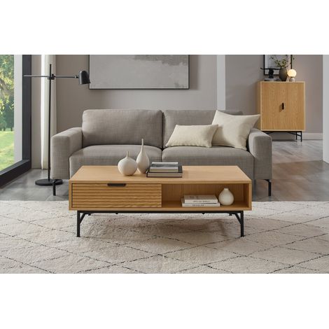Table basse 120 x 60 cm en placage chêne véritable et métal noir style scandinave - PANGIVO (1/5)