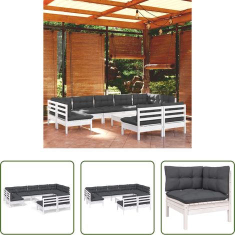 Terrassensofa - 10-tlg. Garten-Lounge-Set mit Kissen Weiß Kiefer Massivholz (1/5)