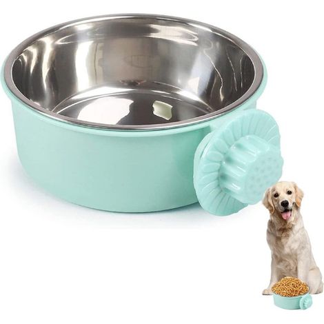 1 gamelle suspendue amovible en acier inoxydable de 12 cm de diamètre, verte, pour nourriture et eau, pour chiens, chats et petits animaux (1/5)