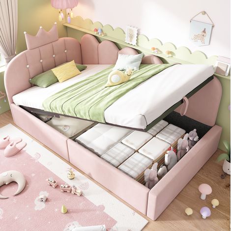 MEUBLIV Lit banquette 90x190 cm rose – rangement hydraulique avec tête couronne, sans matelas (1/5)