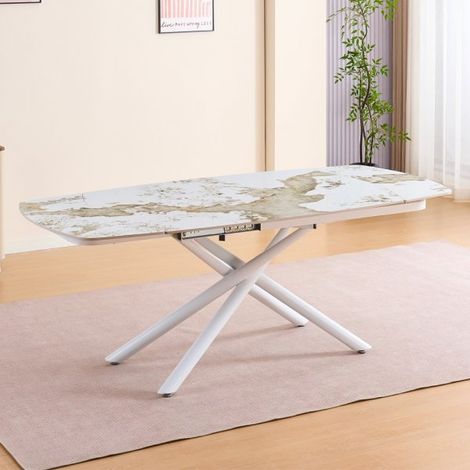 Tavolo girevole allungabile piano ceramica effetto marmo arabesque bianco lucido Astrid 140x90x76H