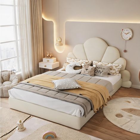 Cadre de lit beige en velours 205 x 187,5 x 103 cm (1/5)
