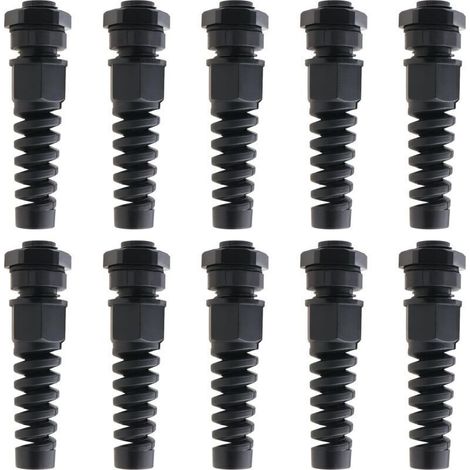 PG7 black IP68 waterproof cable glands – pack of 10, cable diameter 3–6.5 mm, with adjustable nut and cable clamp