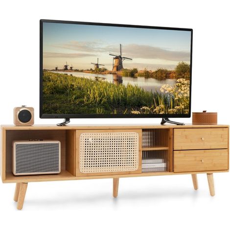 Mueble tv de bambu para televisores de hasta 65 consola tv estilo moderno mid century 140 x 31 x 455 cm natural (1/5)
