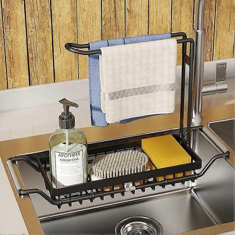 Organisateur d'évier extensible avec barre de suspension pour torchons en acier inoxydable (grand modèle, noir)