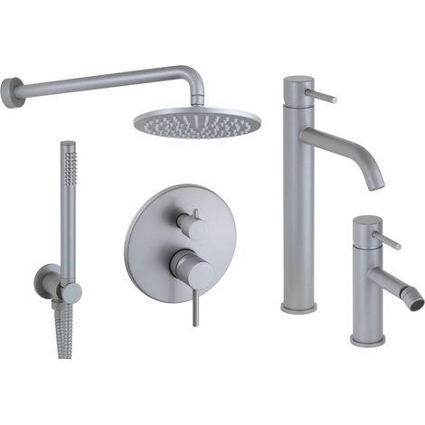 Hoch-Bidet-Waschtischmischer-Set und rundes Duschset in Metallic-Grau Pollini Jessy Color KITJESSYCOLORA13
