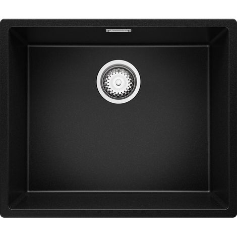 PRIMAGRAN Evier Sous Plan 56x47cm, Evier en Granit 1 bac + Kit de Vidage, Évier au meuble 60cm - London, Noir