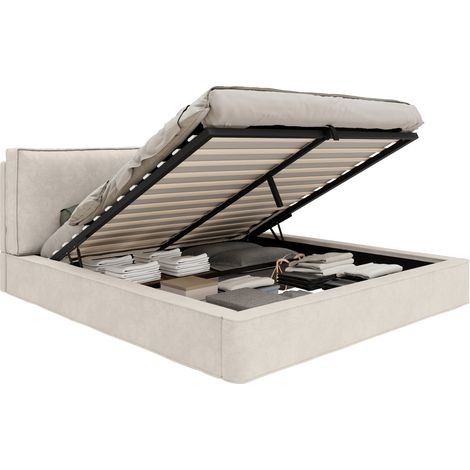 CHICFURN Lit coffre 160x200 cm double avec sommier à lattes, tête de lit rembourrée 105 cm, tissu beige, coffre hydraulique, cadre de lit adulte chambre (1/5)