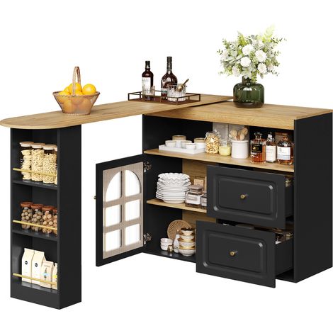 Bar pivotant 360° design simple et moderne, pour chambre, salon et salle à manger, 2 tiroirs, étagère à snacks, niche ouverte, buffet pivotant avec étagères et vitrine en verre cintré, noir