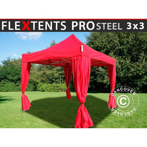 Pop up gazebo FleXtents PRO Steel 3x3 m Red, incl. 4 decorative curtains