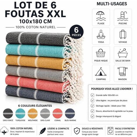 Fouta XXL 100x180cm Lot de 6 Serviette de Plage 100% Coton Légère Séchage Rapide Multi-Usages (1/4)