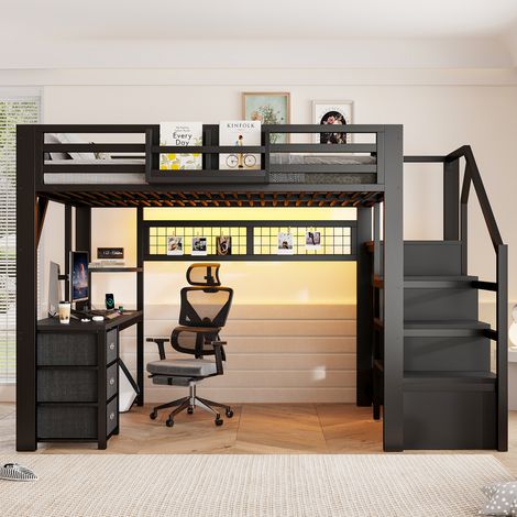 Lit mezzanine 140x200 cm avec bureau intégré, escalier de rangement, armoire, 3 tiroirs, LED, panneau perforé, métal et MDF, noir (1/5)
