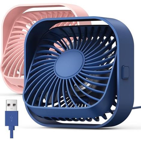 Ventilatore da tavolo, silenzioso, compatto, con design antiscivolo, alimentato tramite USB, regolabile a 360°, tre velocità del vento, confezione doppia blu e rosa, ideale per ufficio, casa e estate. (1/5)