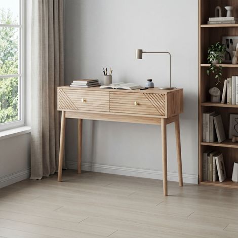 Scrivania, consolle in stile moderno di metà secolo con cassetti, tavolo da ricevimento vintage con ripiani a vista, tavolino da caffè moderno, adatto per soggiorno, ingresso e corridoio, colore rover