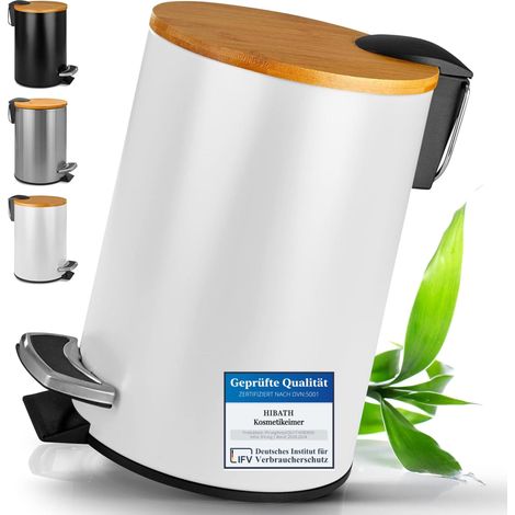 Poubelle de salle de bain en acier inoxydable avec couvercle en bambou (5 litres, blanc) - Poubelle de salle de bain avec système d'abaissement automatique - Poubelle pratique - Poubelle WC (1/5)
