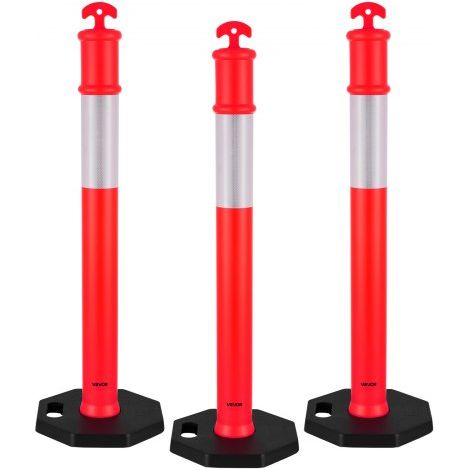 Poteau de Signalisation 3PCs 114 cm, Balise de Délimitation avec Base Lestée et Bandes Réfléchissantes, Délinéateur de Circulation pour Contrôle des Foules, Chantier Stationnement, Rouge (1/3)