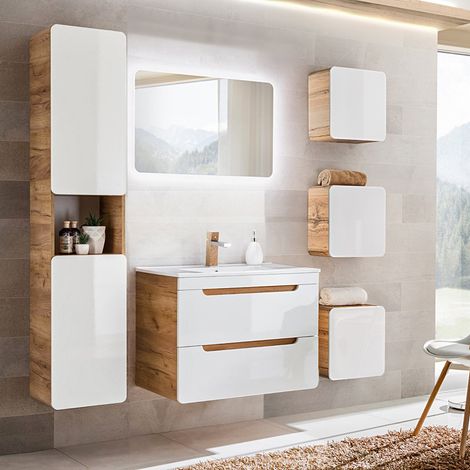 Badmöbel Komplett-Set mit 81 cm Keramik-Waschtisch & LED-Spiegel LUTON-56 Hochglanz weiß mit Wotan Eiche Nb., B/H/T ca. 180/200/46 cm (1/5)