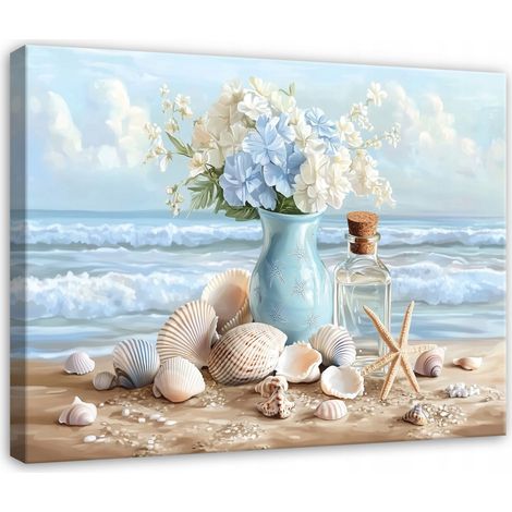 Leinwandbild Wandbild, Vase Meer und Blumen, abstrakte Kunst, Wanddekoration für Wohnzimmer und Schlafzimmer, Kunstdruck HD, 40 x 30 cm