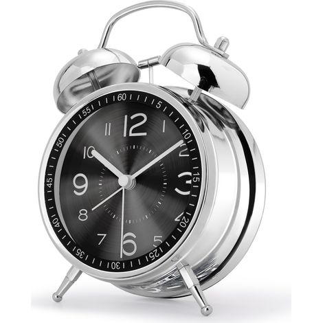 Reveil Bruyant pour Dormeurs Lourds, Double Cloche Fort, avec Lumière de Nuit, Grand Réveil Matin Métal, Horloge de Table Analogique Silencieux pour Chambre Bureau 16cm, Noir (1/4)