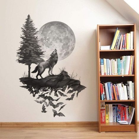 Stickers Muraux Loup Autocollant Mural Lune Arbres Noir Amovible Deco Stickers Chambre Enfant Bébé Salon Decoration (1/4)
