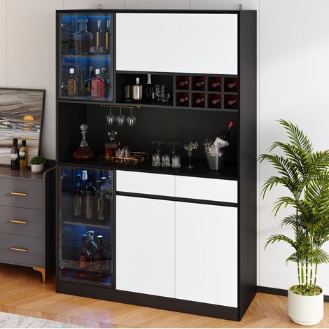 Highboard armario alto 120x35x180 cm, con LED, vitrinas y almacenaje, MDF, negro y blanco (1/5)