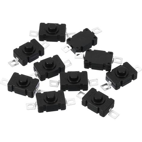 Verrouillage Pousser Bouton Interrupteur, 10 Pcs KAN-28 Plat Broche avec Trou Marche/Arrêt Autobloquant 250V 1.5A Micro Interrupteur pour Lampe Poche Lumière Mur Prise, Noir (1/5)