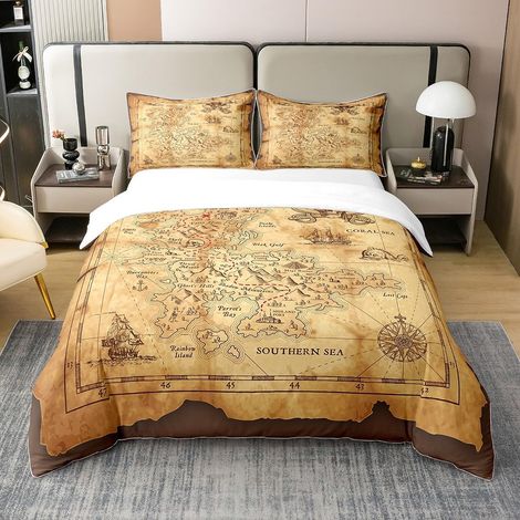 Housse de Couette 200x200 Nautique, Parure de Lit Carte Vintage, Ensemble de Literie Bateau Pirate, Housse Couette Boussole Tête de Mort, Décoration de Chambre d'enfant (Coton) (1/5)