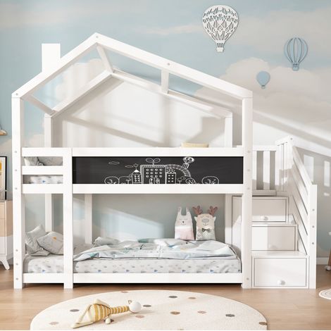 DESVIAE Lit superposé enfant cabane avec tableau et rangements 90 x 200 cm blanc en bois avec escalier sécurisé et barrières de sécurité (1/5)