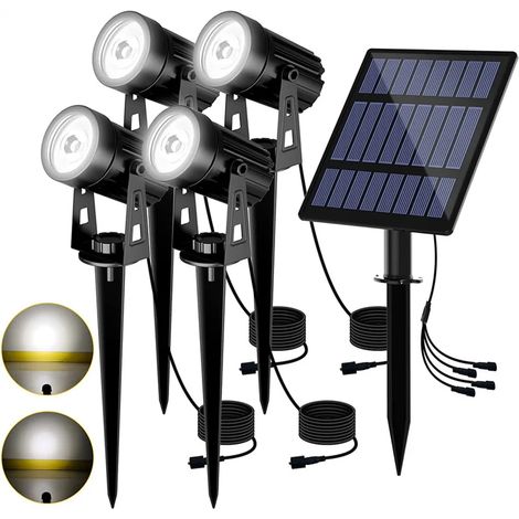 Foco solar LED de 4 focos para exteriores, para jardín, IP65, resistente al agua, luz blanca de 6000 K