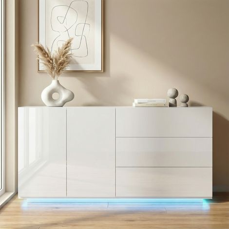 Fortuna Lai – Buffet moderne 160 cm – Éclairage LED RGB avec télécommande – 3 tiroirs, 2 portes, finition haute brillance – Structure en MDF (1/5)