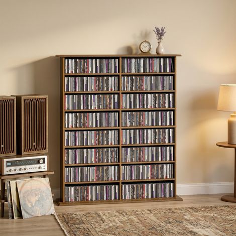 Rangements CD-DVD 16 compartiments 12 étagères réglables, capacité 720 CD/396 DVD noyer. Rangement design pour vos collections numériques et supports variés. (1/5)