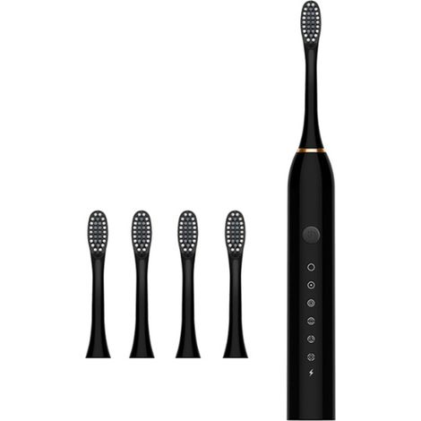 Brosse à dents électrique 6 vitesses, rechargeable par USB, étanche, avec 4 têtes de brosse pour adultes et enfants, noire (1/5)