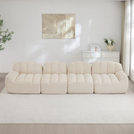 Sofá modular de 4 plazas en forma de concha, espuma de alta densidad 32D, beige blanco (1/5)