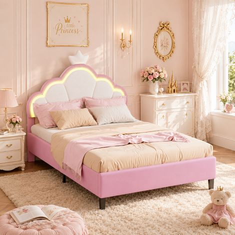 Lit simple 90 x 200 cm - Lit enfant princesse 90 x 200 cm - Lit de fille en velours - Motif couronne - Tête de lit avec LED réglables - Blanc + rose (1/5)