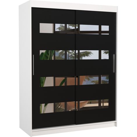 Armoire de chambre blanche 2 portes coulissantes noir et miroirs horizontaux Bozika 150cm (1/5)